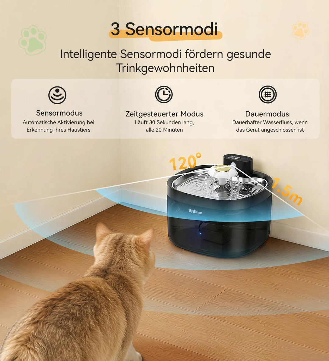 Katzenbrunnen kabellos, 2,8 L Trinkbrunnen für Katze mit 3 Filter, 4000mAh Akku & Ultra-leise (, Sch