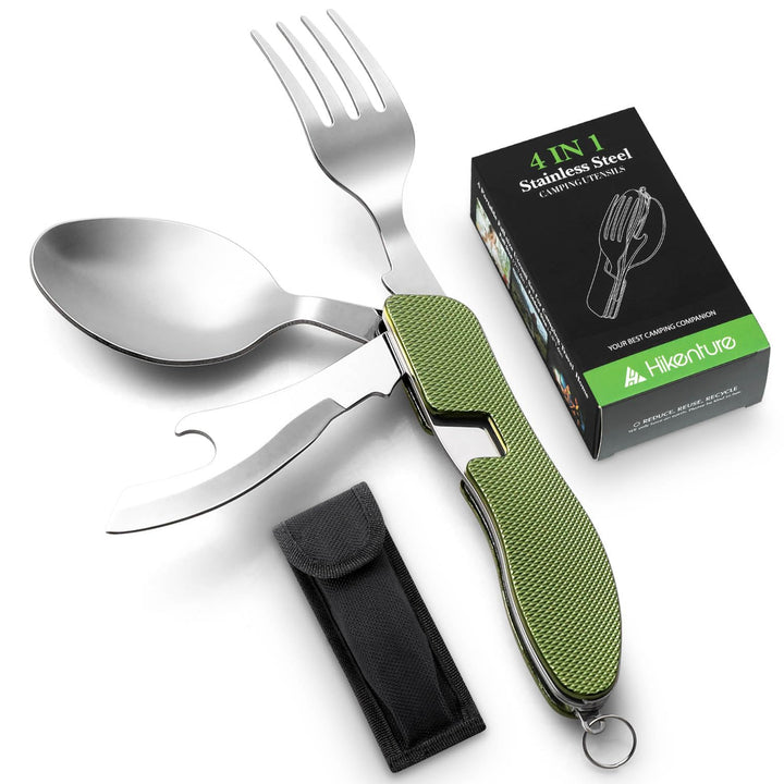 HIKENTURE® Outdoor Campingbesteck Set - Klappbesteck Outdoor Besteck aus Edelstahl mit Gürteltasche