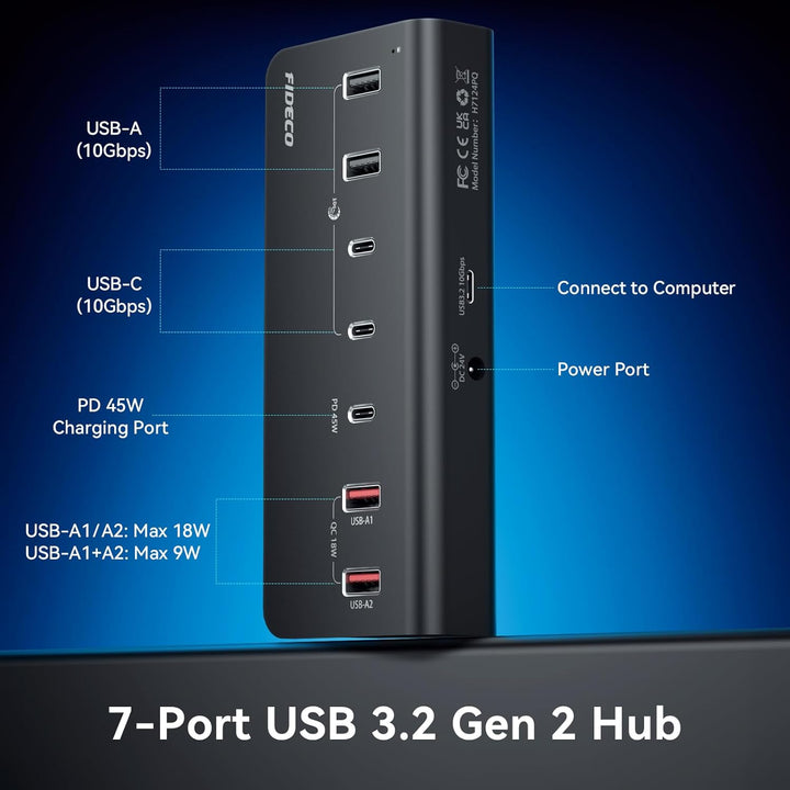 FIDECO 7-Ports 72W USB Hub mit Netzteil, USB Hub Aktiv mit 1 PD 45W, 2 QC 3.0 Charging Port und 4 US