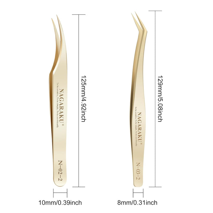 NAGARAKU Wimpernpinzette Set 1 Paar Professionelle Präzisionspinzette Gold Edelstahl Nagelpinzette L