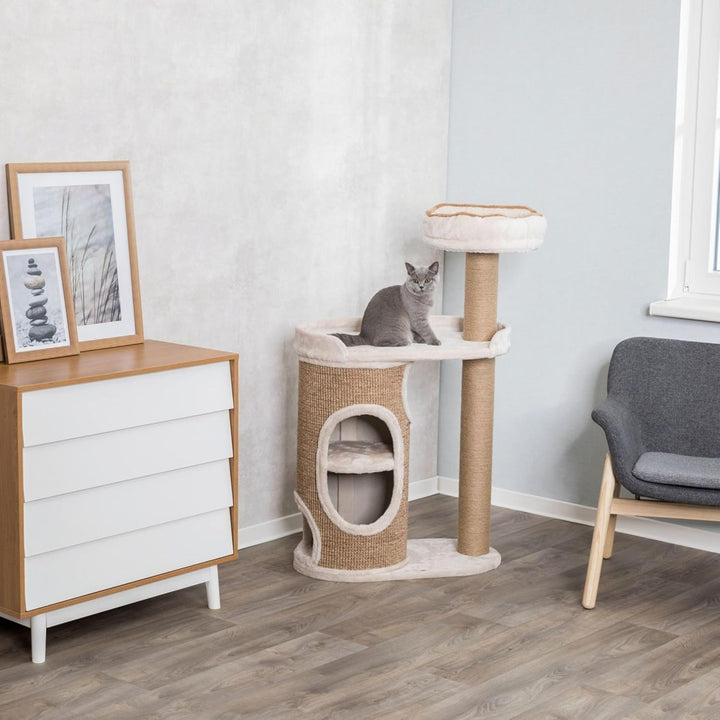 TRIXIE Kratzbaum Falco 117 cm in beige – moderner Katzenbaum mit gemütlichen Liegeflächen und einer