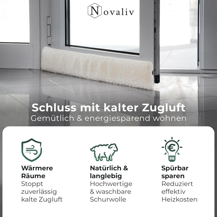 Zugluftstopper für Türen 80cm Natur Schurwolle – stoppt Zugluft & Kälte, dämpft Lärm/Staub/Licht, ru