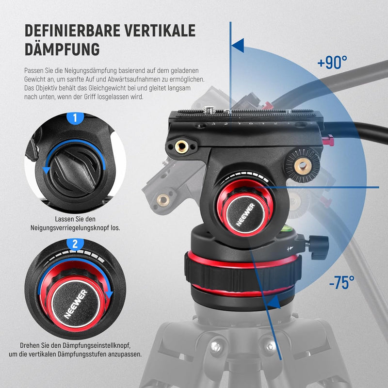 NEEWER 74" Pro Videostativ mit Einstellbarem Dämpfung Fluidkopf,Metall Dual Mode QR Platte,kompatibe