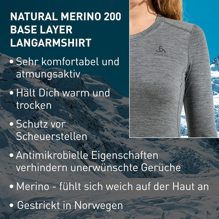 Odlo Natural Merino 200 Base Layer mit Odlo Steel Grey Melange XL, Odlo Steel Grey Melange XL