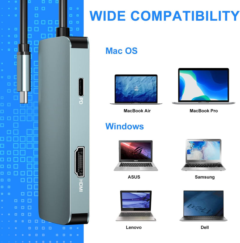 BDFFLY 5 in 1 Dockingstation, USB-C-Hub auf 100-W-Stromversorgungsadapter, 4K @ 30 Hz HDMI, DP & Min