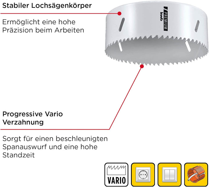 kwb HSS Bi-Metall-Lochsäge Ø 121 mm, 8% kobaltlegiert mit progressiver Vario-Zahnung und hoher Präzi