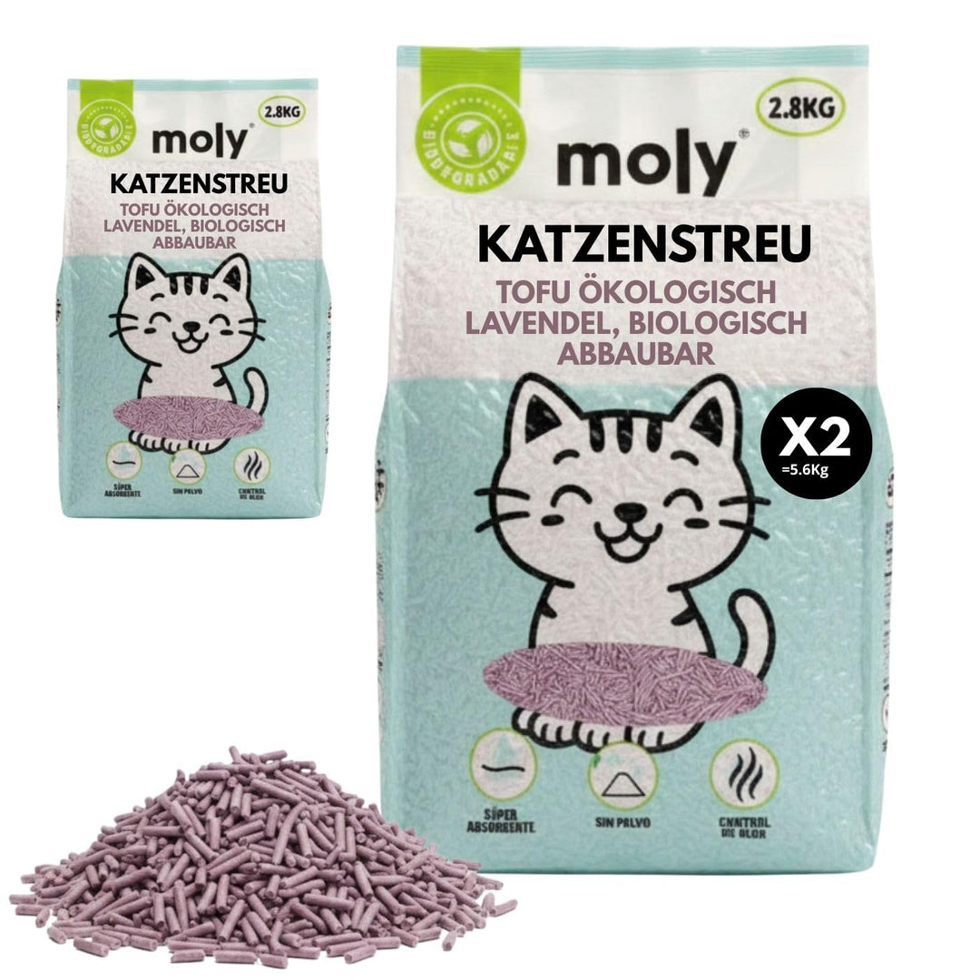 MOLY 2 x Tofu und Lavendel-Katzenstreu, 5,6 kg, 7,4 l, biologisch abbaubar und saugfähig, mit Lavend