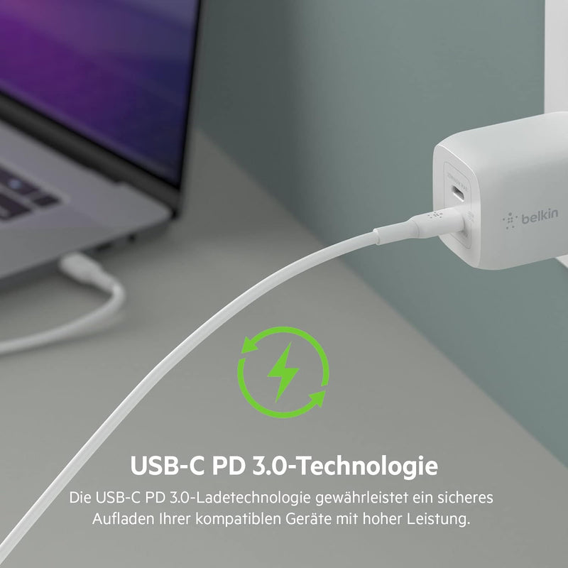 Belkin 65-W-USB-C-Ladegerät mit 2 Ports und USB-C/C-Kabel, Schnellladen mit Power Delivery3.0 und Ga