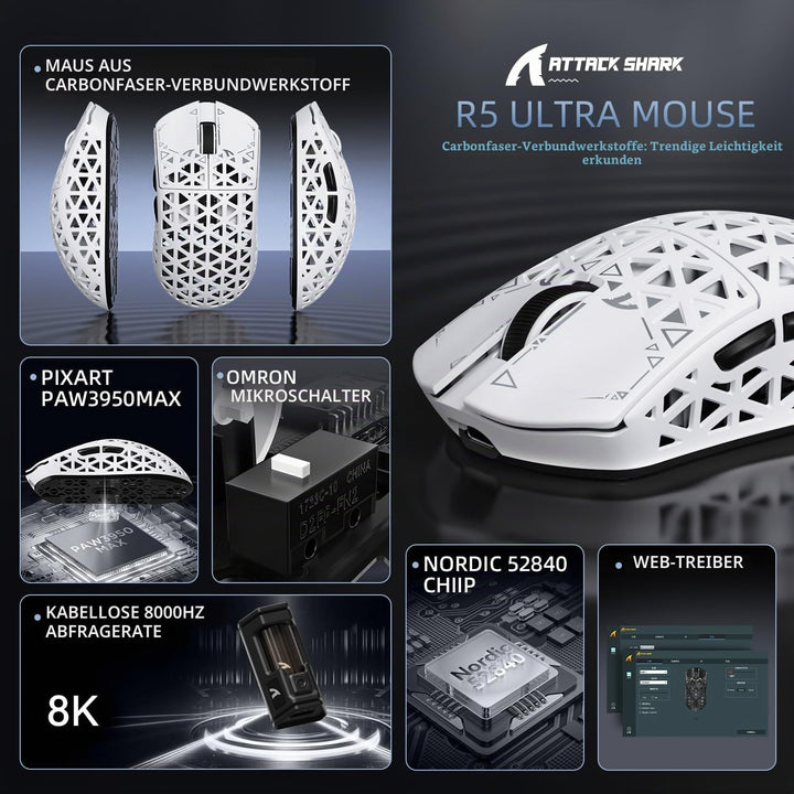 ATTACK SHARK R5 Ultra Carbonfaser Gaming-Maus, 39g Superlight, 8000Hz Kabellose Mouse, 42000 DPI, PA