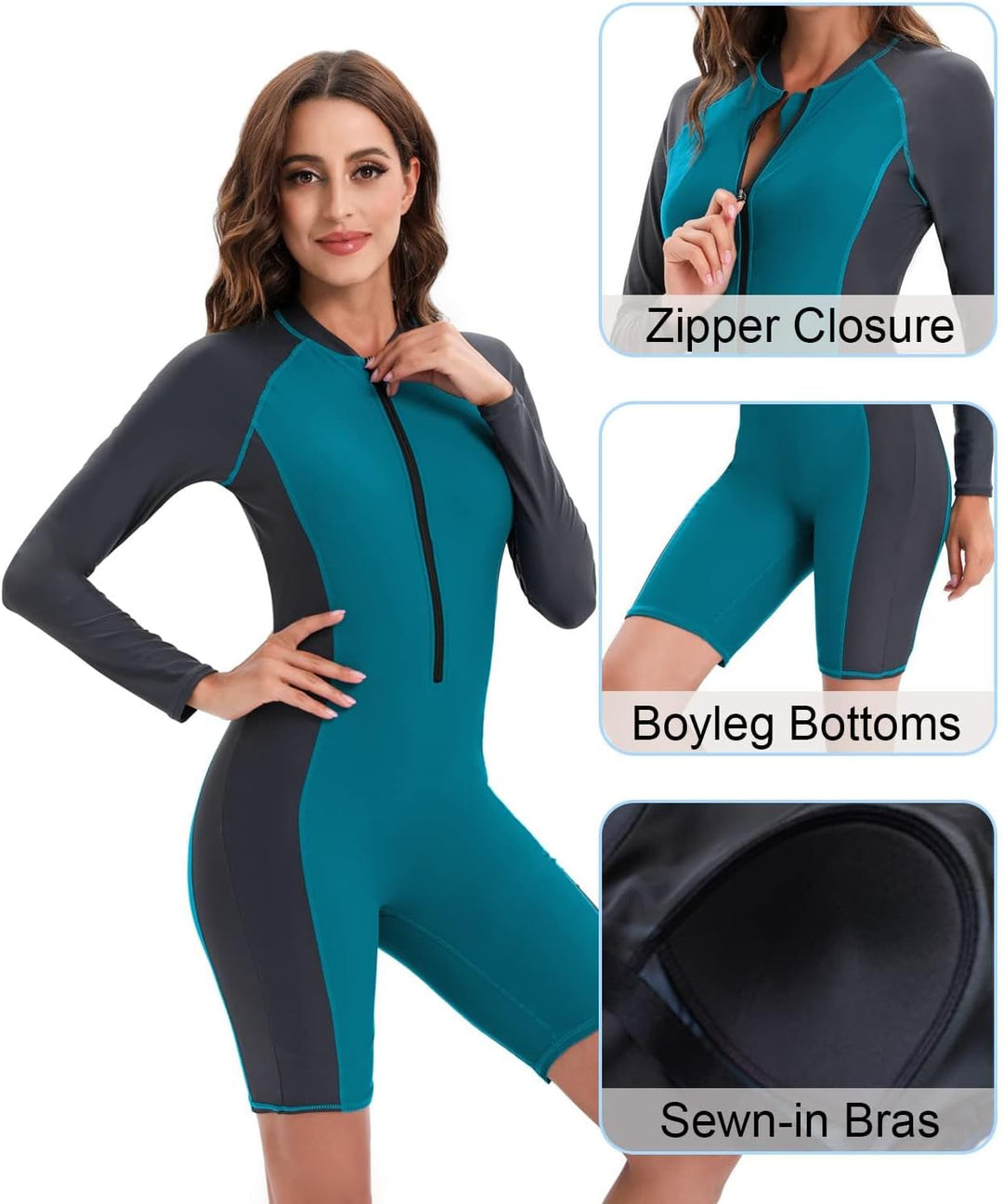 Halcurt Damen Langarm Badeanzug Schwimmanzug UV-Anzug UPF 50+ Reissverschluss Schutzkleidung L Pfaue