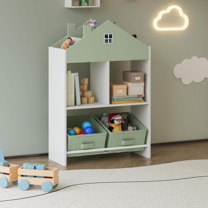 [en.casa] Kinder Bücherregal Vipsali Kinderregal in Hausoptik mit 2 faltbaren Aufbewahrungsboxen Spi