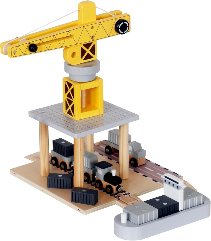 Beweglicher Hafenkran mit Magnetwinde und Zubehör - Holz-Set, 360° Kran, LKW, Wagen, Anhänger, Spiel