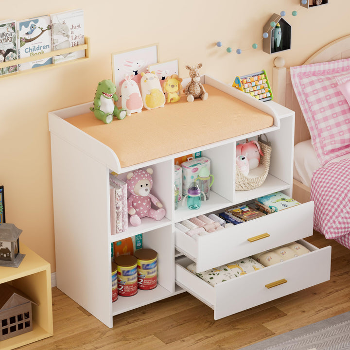 MSFE Wickelkommode Wickeltisch Baby Wickelkommode aus Holz mit abnehmbarem Wickelaufsatz, 2 Schublad