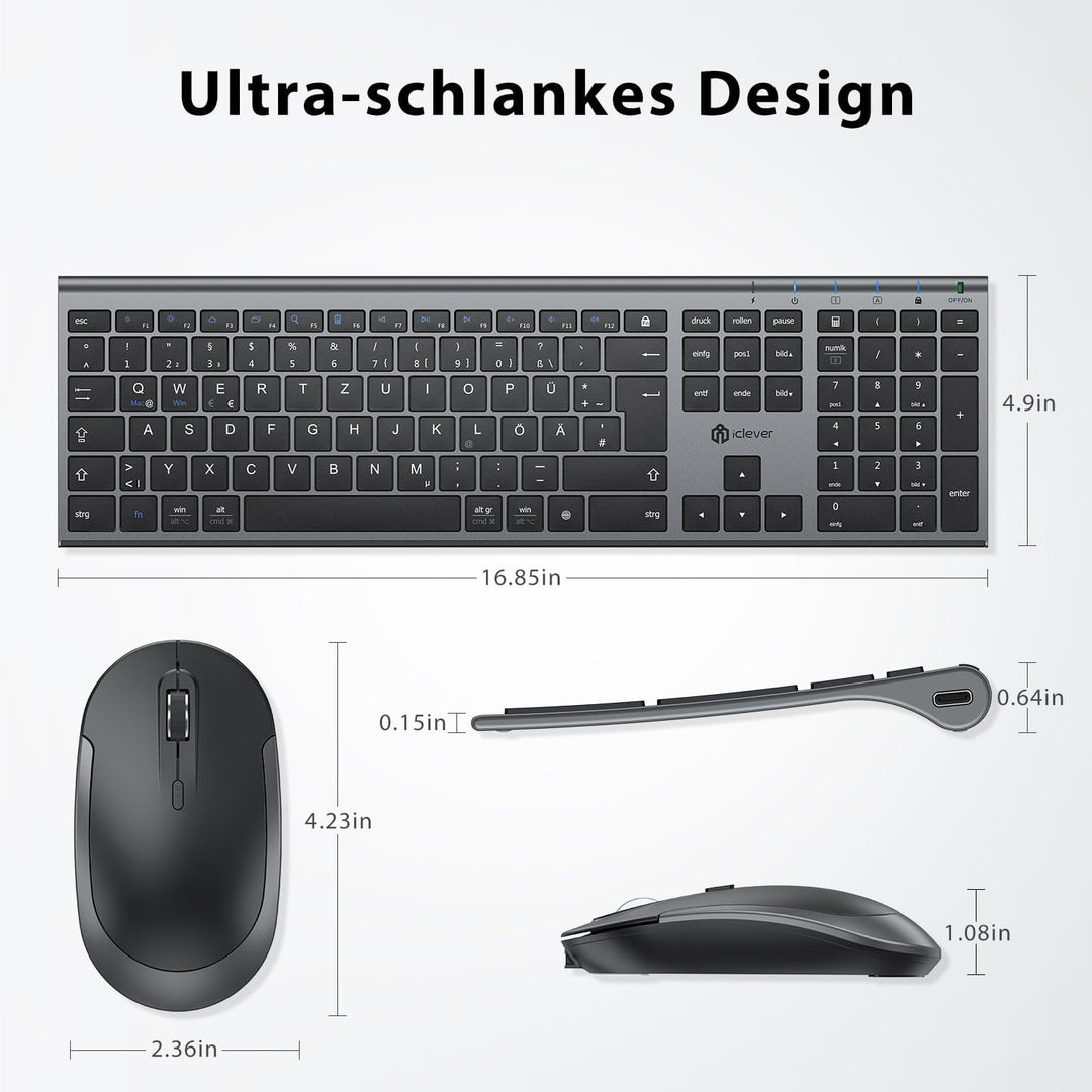 iClever 2.4G kabellose Tastatur und Maus Set, USB-C wiederaufladbar, Originalgrösse, schlanke, dünne