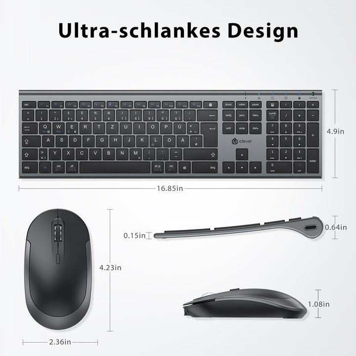 iClever 2.4G kabellose Tastatur und Maus Set, USB-C wiederaufladbar, Originalgrösse, schlanke, dünne