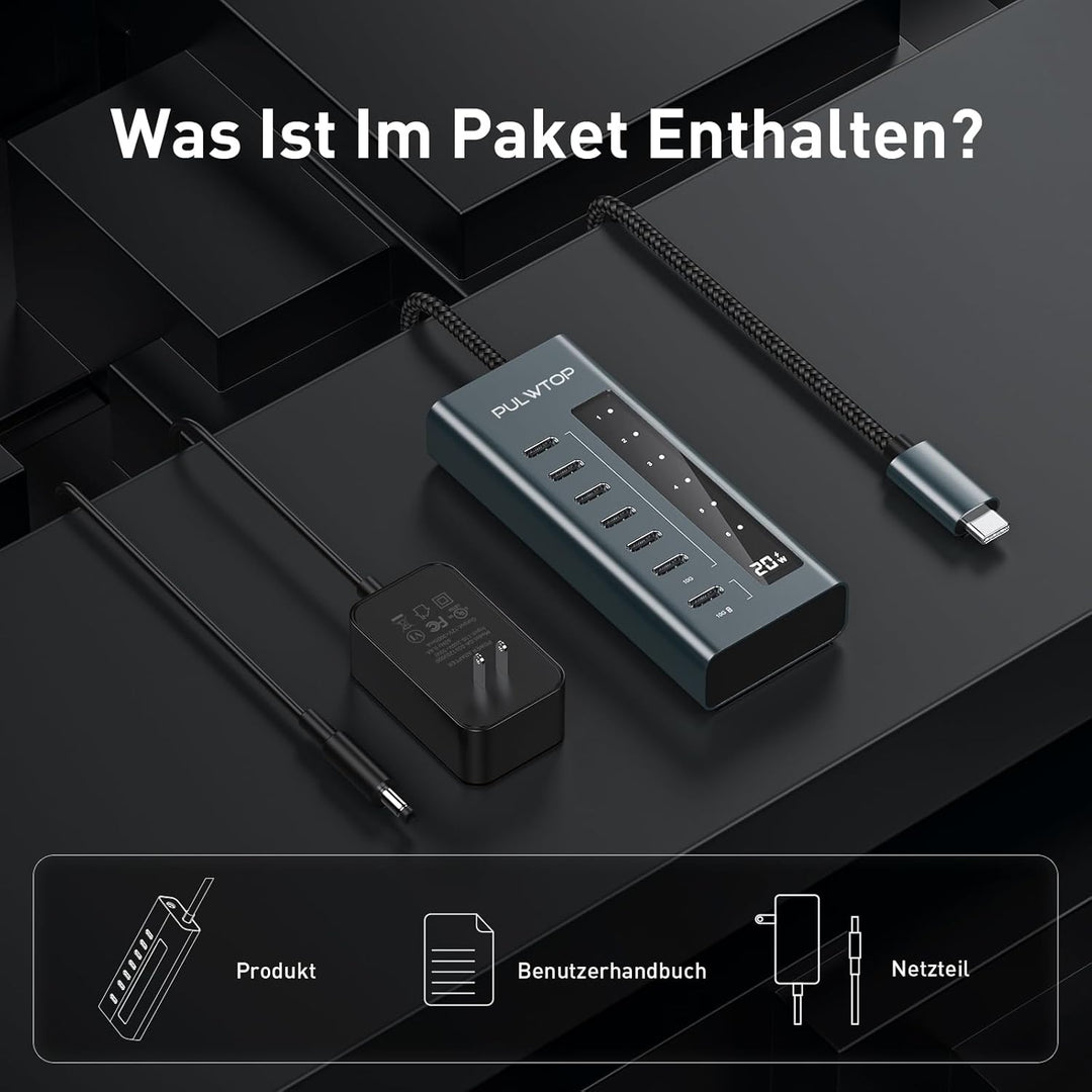 PULWTOP USB C Hub Aktiv,7 Ports USB C to C Hub mit Netzteil, PD 20W Output Charging and 10 Gbit/s 3.