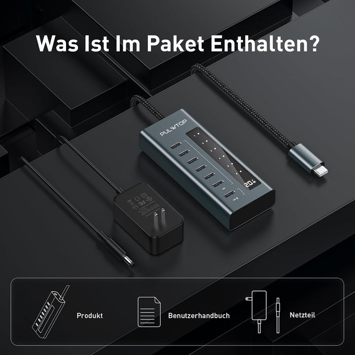 PULWTOP USB C Hub Aktiv,7 Ports USB C to C Hub mit Netzteil, PD 20W Output Charging and 10 Gbit/s 3.