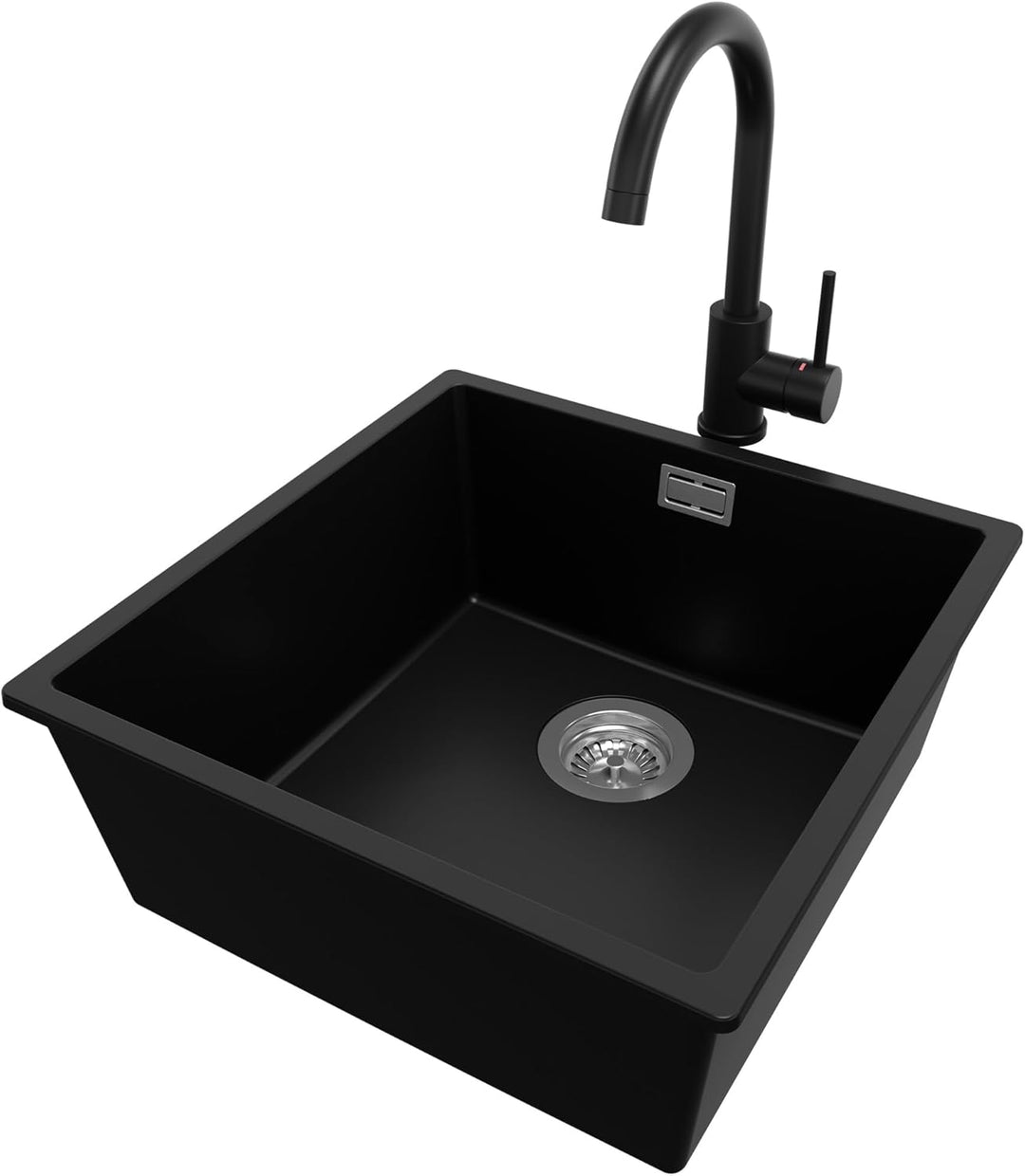 Spülbecken Schwarz 46 x 47 cm, Granitspüle 1 Becken + Ablauf-Set + Küchenarmatur, Einbauspüle ab 50e