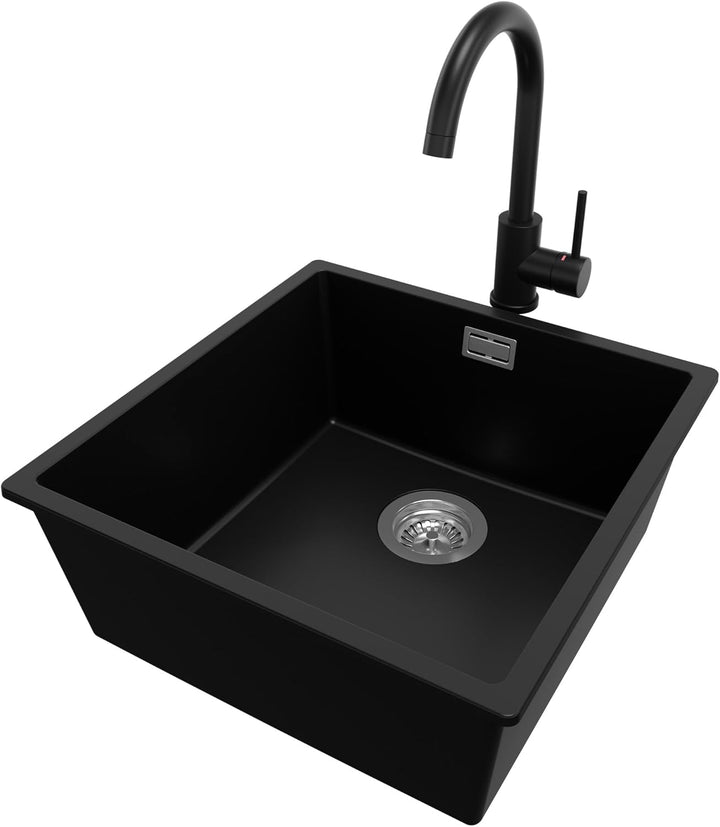 Spülbecken Schwarz 46 x 47 cm, Granitspüle 1 Becken + Ablauf-Set + Küchenarmatur, Einbauspüle ab 50e