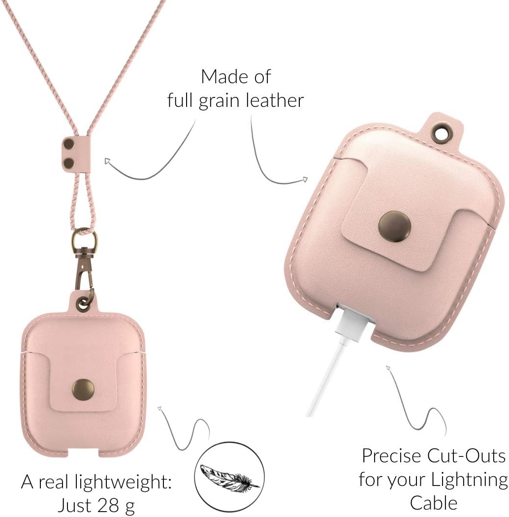 Woodcessories - AirPods 1 &amp; 2 Leder Hülle mit Halskette, AirCase (Rose Nude) AirPods 1 &amp; 2 Rosa, Air