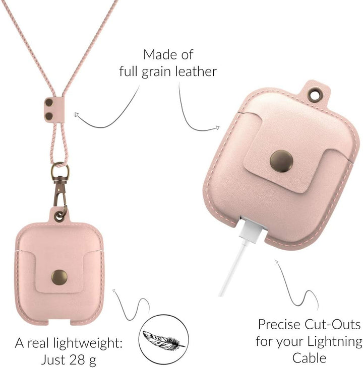 Woodcessories - AirPods 1 &amp; 2 Leder Hülle mit Halskette, AirCase (Rose Nude) AirPods 1 &amp; 2 Rosa, Air