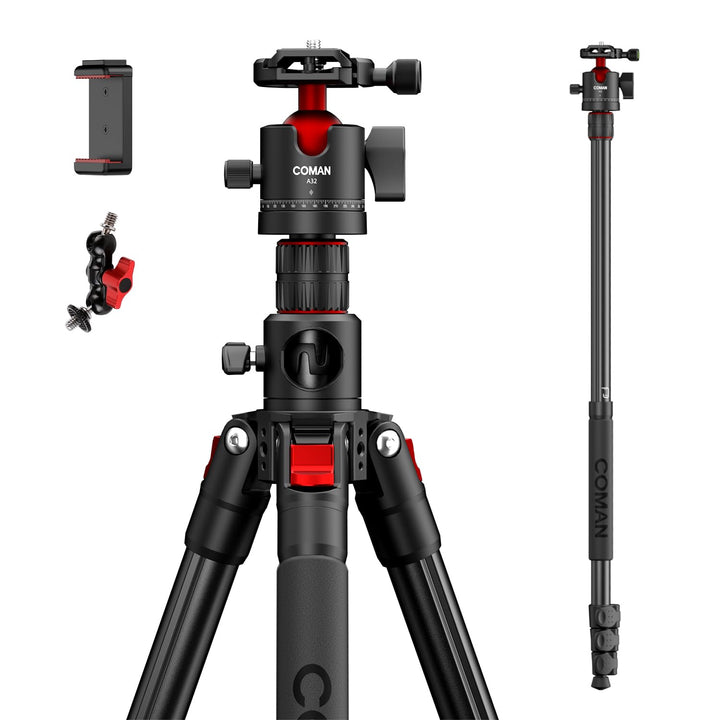 COMAN 181cm Overhead-Stativ, Kamerastativ mit Mittelsäule und 360-Grad-Kugelkopf, abnehmbares Einbei