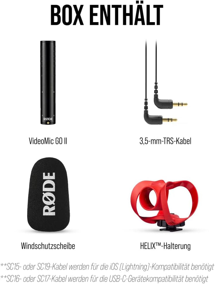 RØDE VideoMic GO II Ultra-kompaktes On-Camera Richtrohrmikrofon mit 3,5-mm- und USB-Ausgängen für Fi