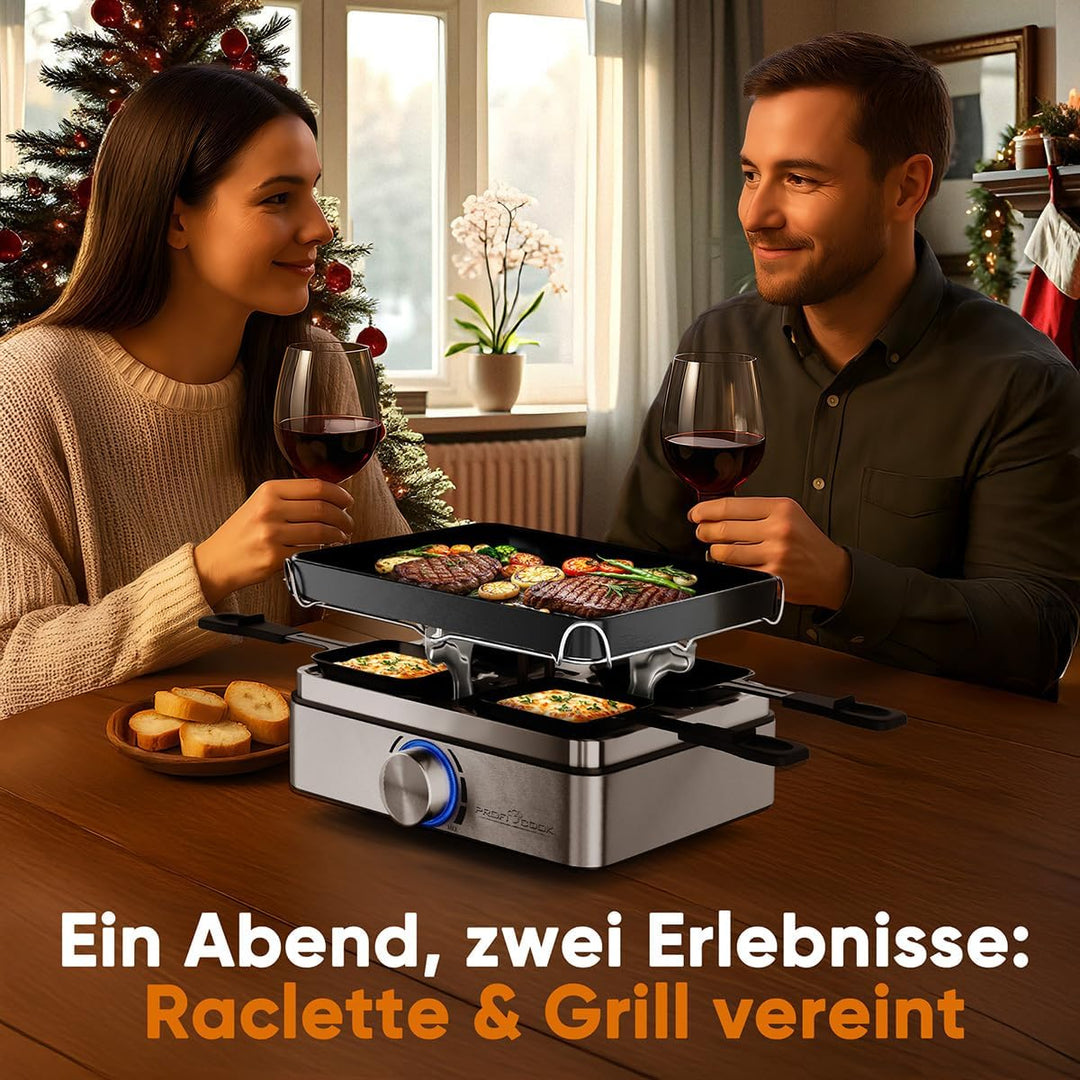 ProfiCook® Raclette 4 Personen | inkl. 4 Pfännchen und 4 Holzspachtel | Wendegussplatte für gleichmä