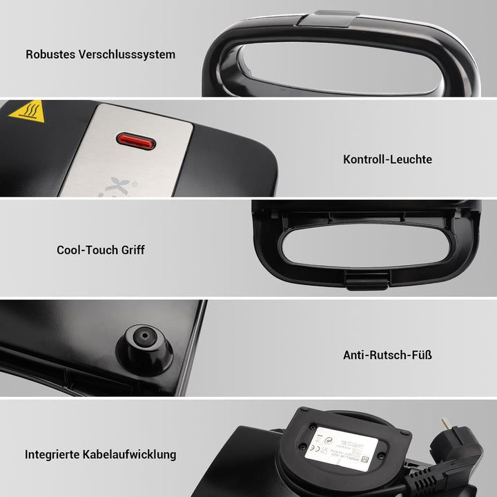 Sandwichmaker, 750W Sandwichtoaster, Antihaft-Beschichtung, Aufwärm-Anzeige, Cool Touch Gehäuse, Ide