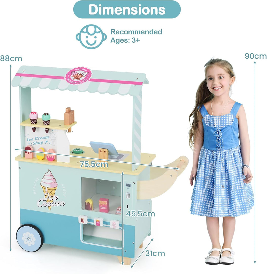 HOMASIS Kinder Eiswagen Holz mit 15 Zubehör, Kaufladen mit 6 Spielzeug-Eiscreme, Eismaschine, Verkau