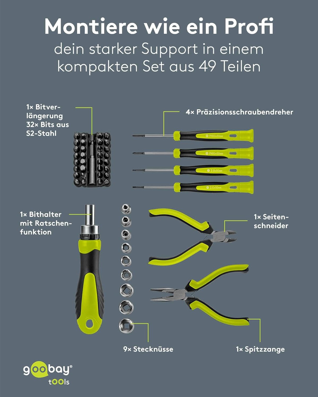 goobay Handwerkzeug-Set 49-teilig mobiles Werkzeugset für Heimwerkerarbeiten und unterwegs-Schrauben