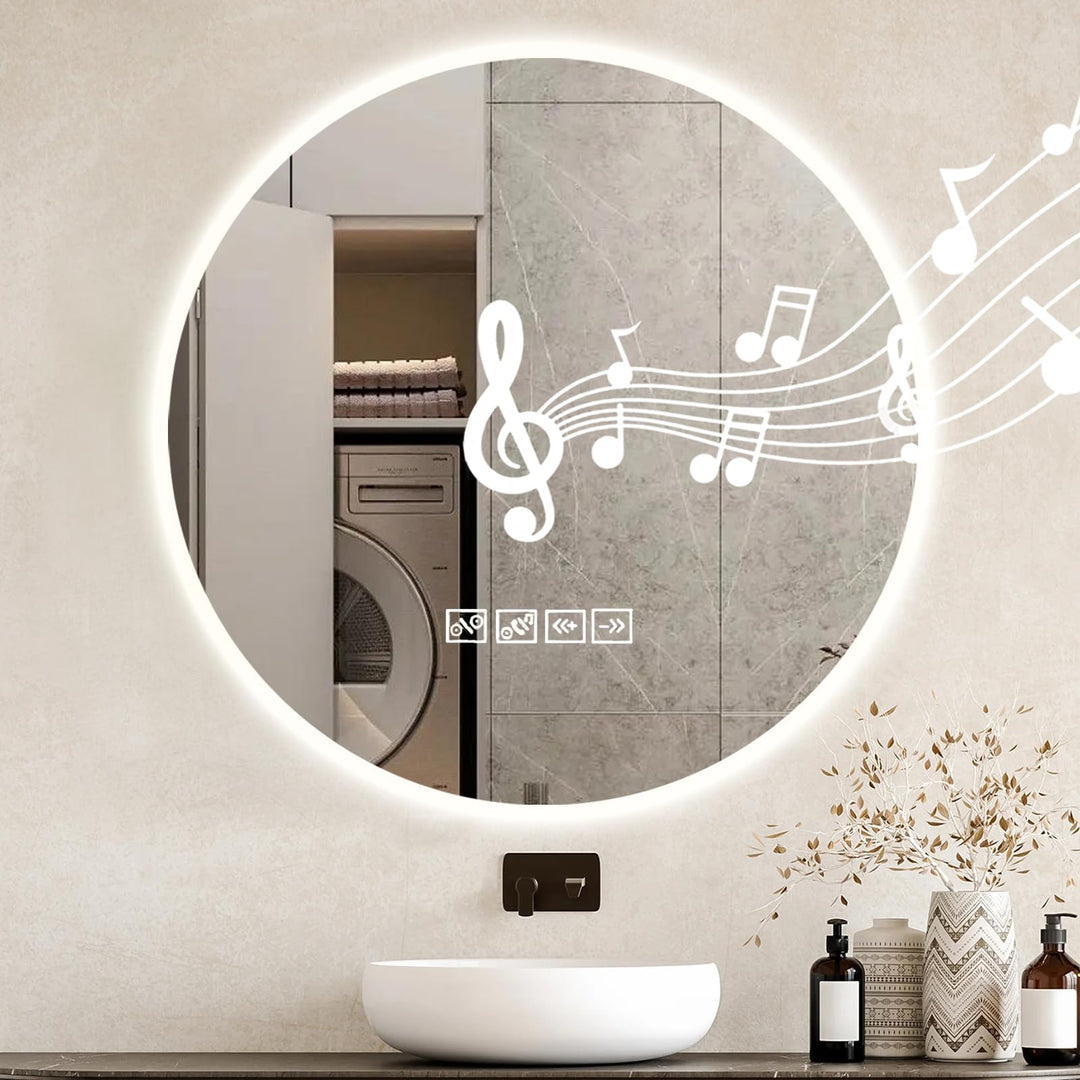 600mm Rund Badspiegel mit Beleuchtung und Musik Bluetooth 3 Lichtfarbe Dimmbar | Badezimmerspiegel A