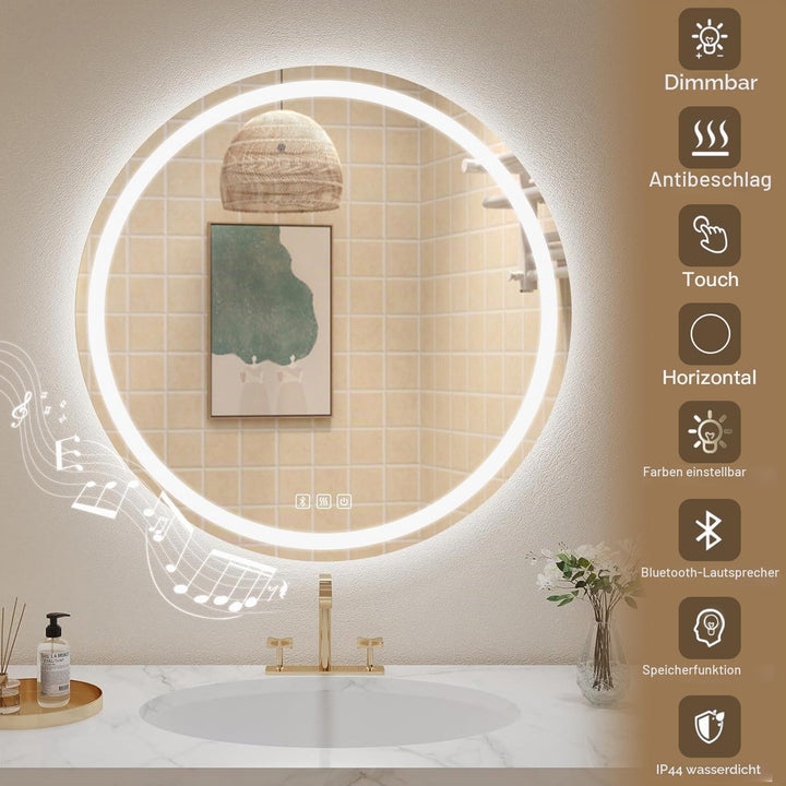 Badspiegel Mit Beleuchtung Rund 70cm, Badezimmerspiegel Mit Beleuchtung Bluetooth Spiegel, Antibesch