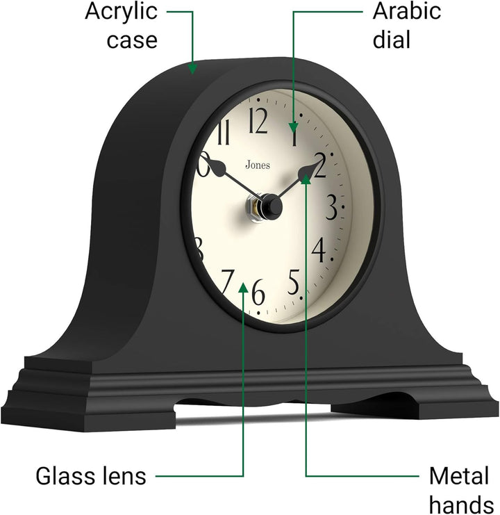 JONES CLOCKS® Speakeasy klein kaminuhr | Klassisches Design des napoleonhutes | Schwarz | Zeitgenöss