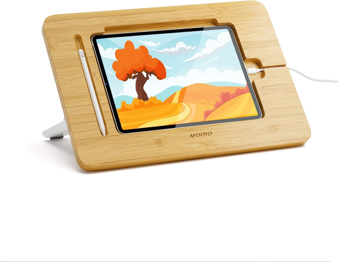 AFOOYO Tablet-Ständer, verstellbar, faltbar, tragbar, für Schreibtisch, Bambus, Holz, kompatibel mit