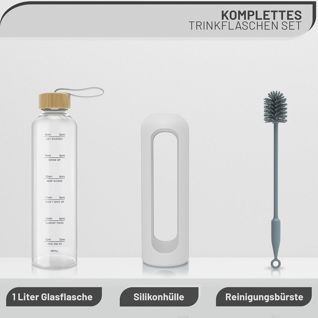 Trinkflasche 1l Glas, Wasserflasche 1l, Glasflasche 1 Liter, Trinkflasche-Glas-1l, Water Bottle (Bor