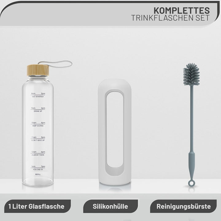 Trinkflasche 1l Glas, Wasserflasche 1l, Glasflasche 1 Liter, Trinkflasche-Glas-1l, Water Bottle (Bor