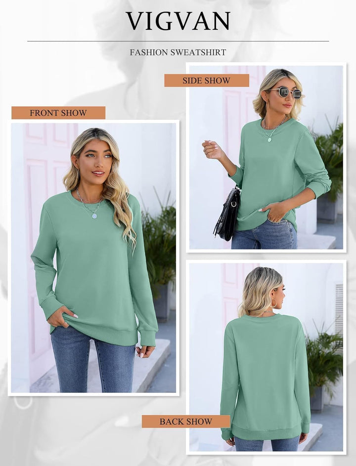 VIGVAN Damen Sweatshirt Pullover Elegant Basic Langarmshirt Rundhals Baumwolle Pulli Herbst Winter C