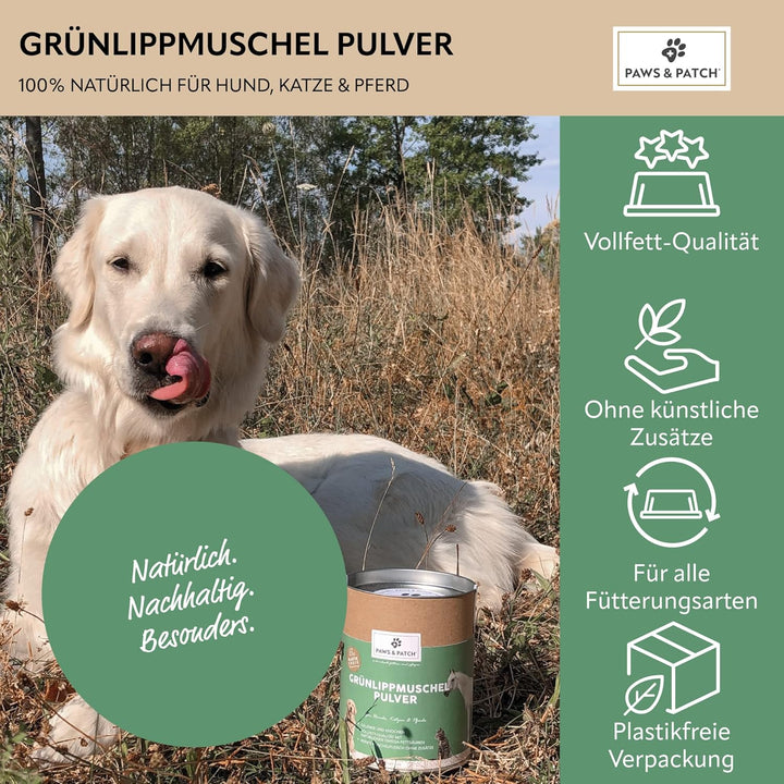 Paws&Patch reines GRÜNLIPPMUSCHEL Pulver für Hunde, Katzen & Pferde 150g plastikfrei I Vollfett-Qual