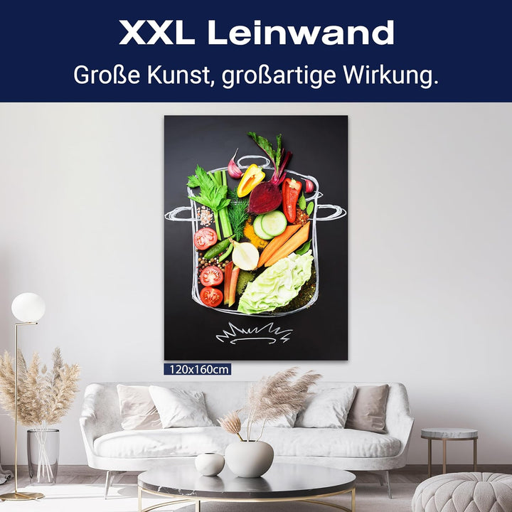 wandmotiv24 Obst & Gemüse als Leinwandbild, 100x75cm, Hochformat, Gemüse, Kochtopf, Salat, Küche, Le