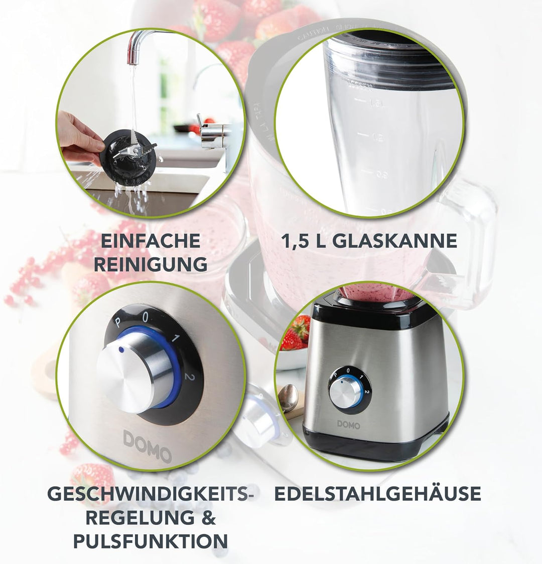 DOMO DO1133BL Standmixer Edelstahl - Geeignet zum Mixen, Blenden, Zerkleinern und Eis crushen - Puls