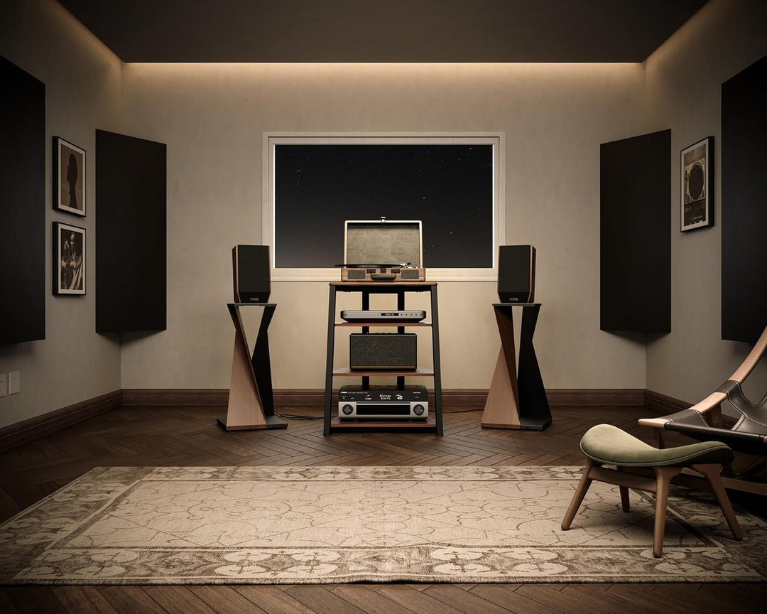 FITUEYES Design HiFi Rack aus Holz &amp; Stahl, Plattenspieler Tisch mit verstellbaren Ablage, HiFi Rega