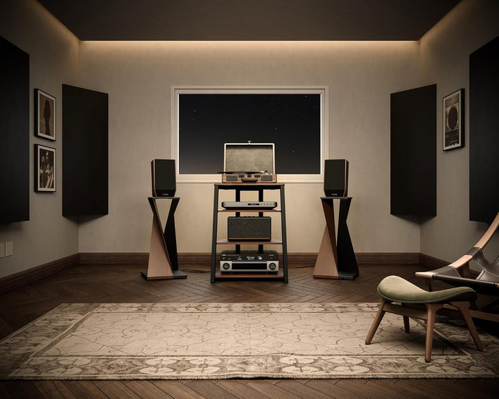 FITUEYES Design HiFi Rack aus Holz &amp; Stahl, Plattenspieler Tisch mit verstellbaren Ablage, HiFi Rega