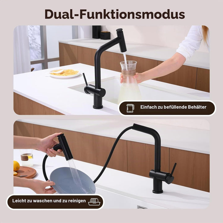 Wasserhahn Küche Schwarz, Hochdruck Küchenarmatur mit Herausziehbarer Brause Ausziehbar Armatur, Mis