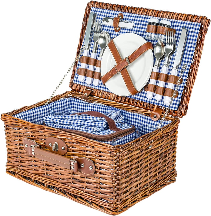 Zolta Picknickkorb 4 Personen - Korb mit Deckel - Weidenkorb mit Picknick Geschirr und Thermotasche