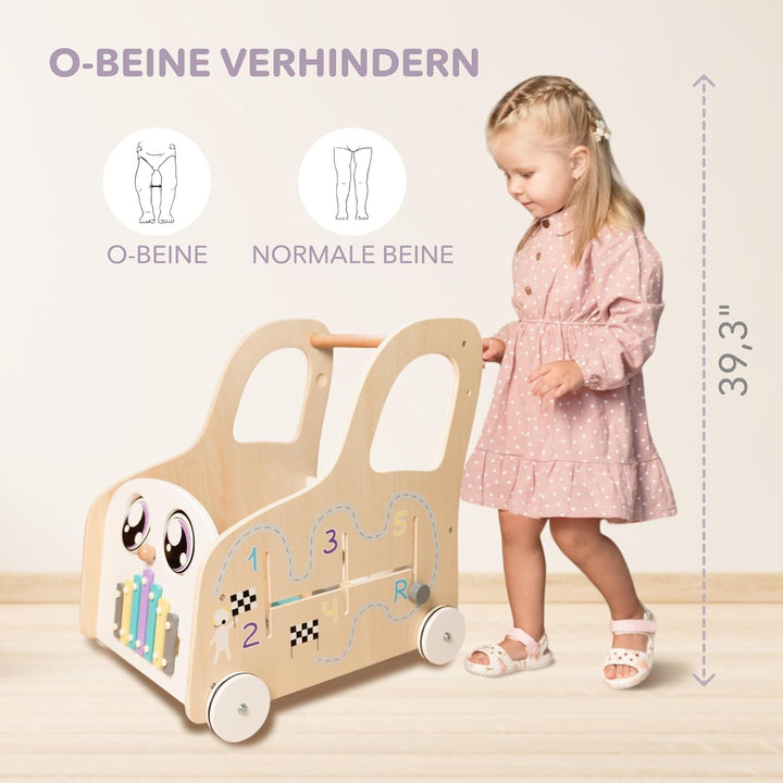 Cateam Lauflernwagen Baby mit rädern - Holzspielzeug mit Lauflernhilfe, Motorikwürfel und Gehfrei -