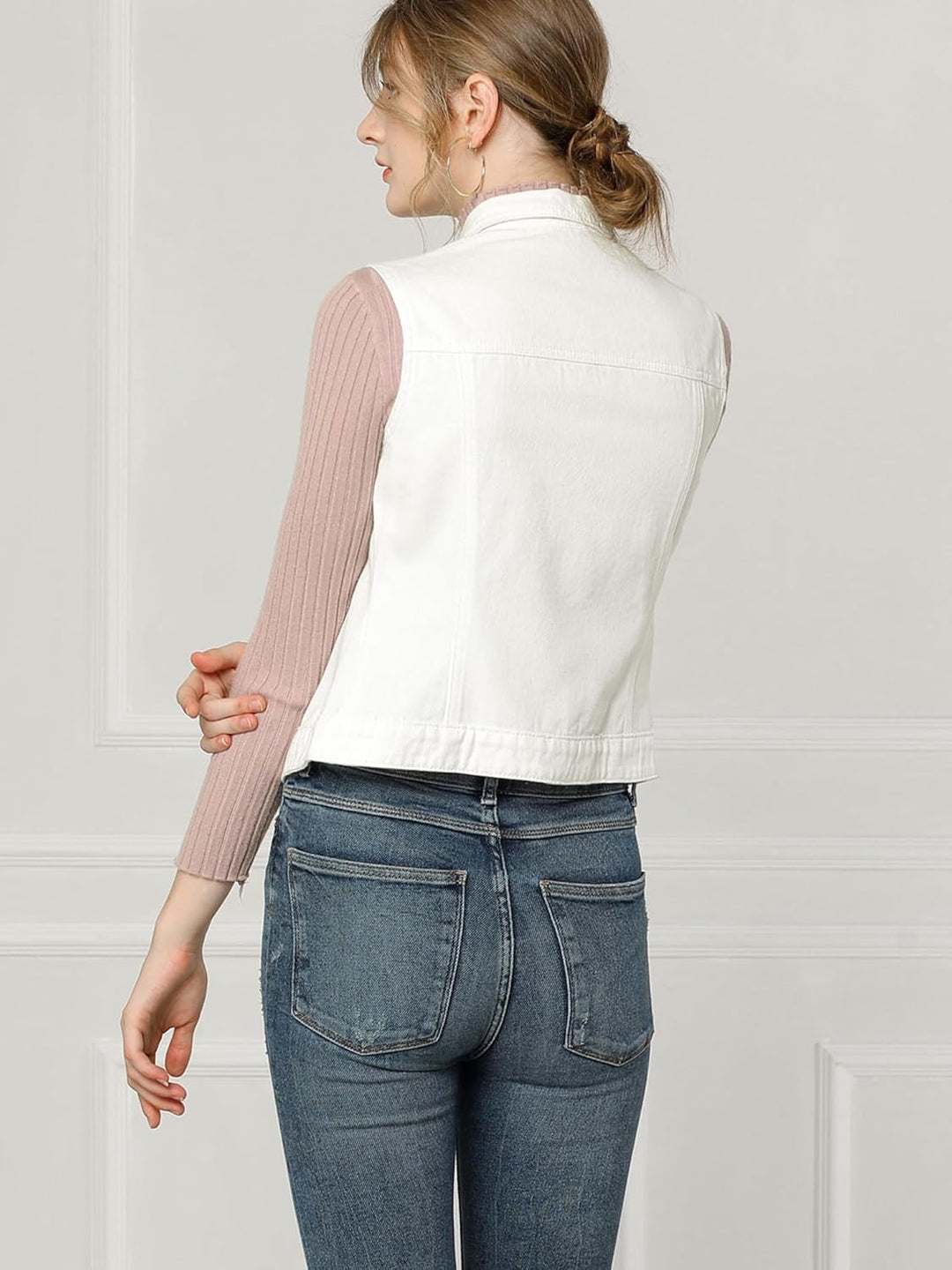 Allegra K Damen Jeansweste Ärmellos Knopfleiste Sommer Denim Revers Jacke Westen mit Taschen XS Weis