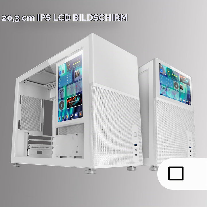 Mars Gaming MC-LCD, Kompaktes Micro-ATX PC-Gehäuse, 8" IPS LCD-Display, Seitliches, Oberes und Vorde