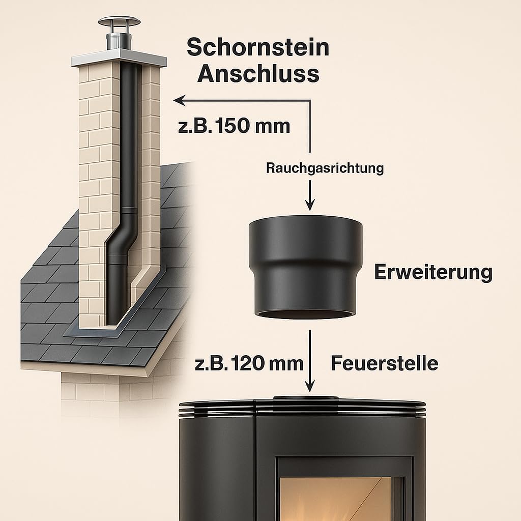 Ofenrohr Rauchrohr Reduzierung Reduzierungsstück Abzugrohr Reduktion von 180 auf 160 mm Senotherm 2m