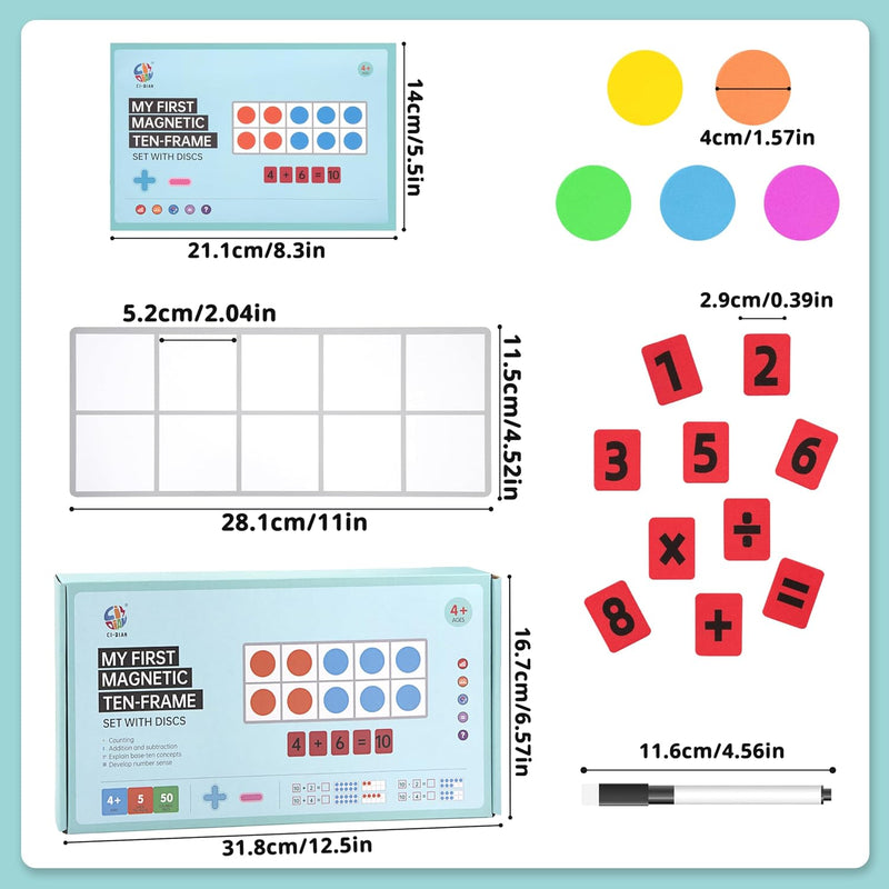 Magnetische Zehnerrahmen Manipulativ für Kinder, 5 Tafeln & 50 Bunte Magnetische, Zahlen Rechenaufga